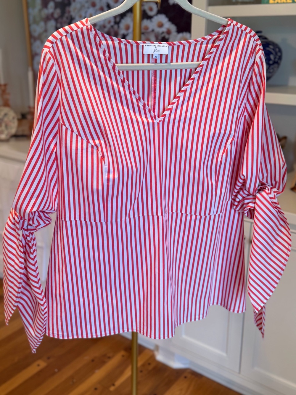 J. Crew Red and White Striped V-Neck Tie-Sleeve Blouse Size XL - Picture 10 of 10